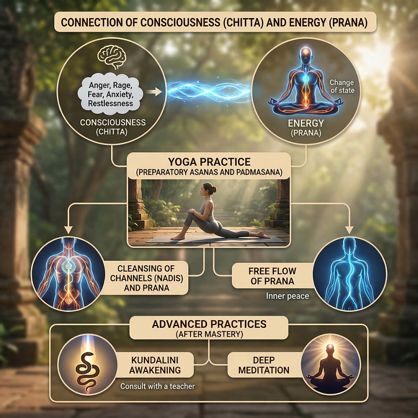 Futuristic diagram: stages of yoga from asanas to kundalini, showing the connection between consciousness transformation and energy purification