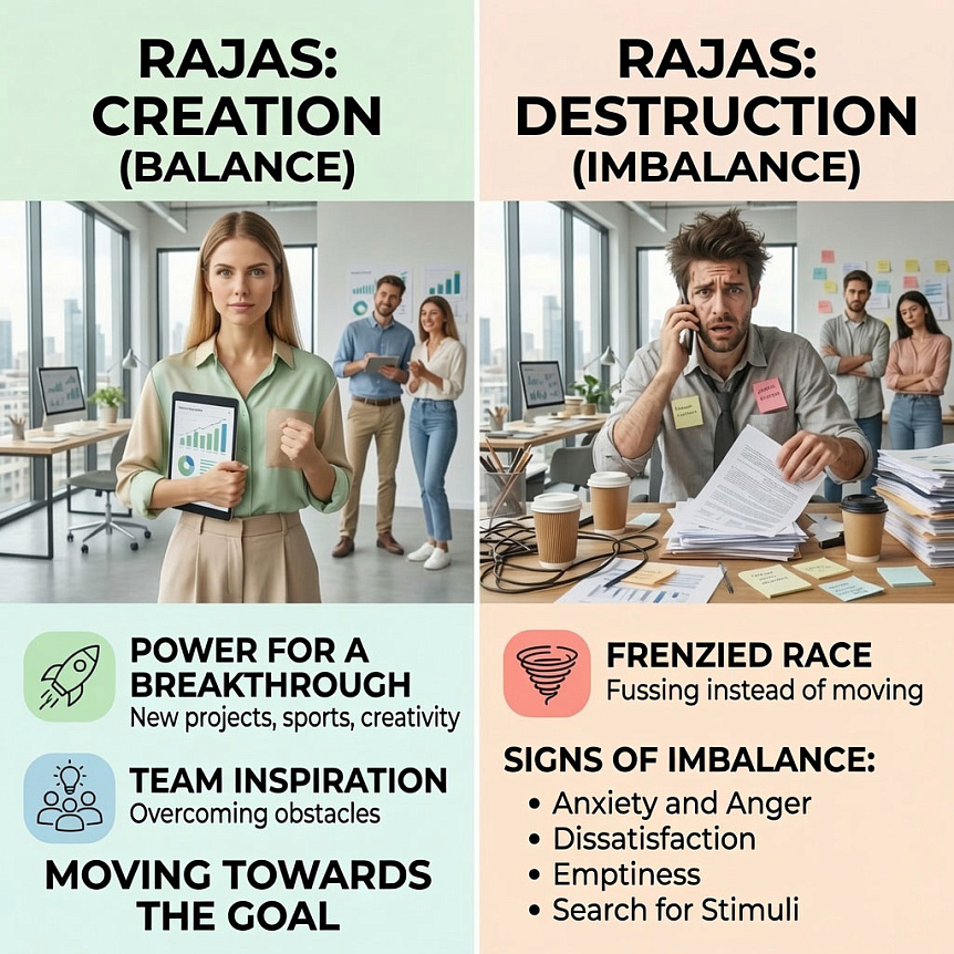 Infographic showing the creative and destructive aspects of Rajas: balance for a leap forward and imbalance for a race