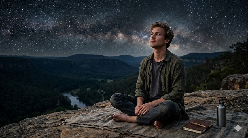Man in lotus pose contemplating the Milky Way over a night mountain gorge, practicing mindfulness and unity with nature