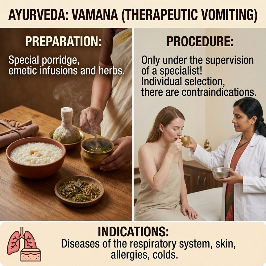 Infographic of the Vamana (therapeutic vomiting) procedure in Ayurveda: preparation stages and administration under medical supervision for body cleansing.