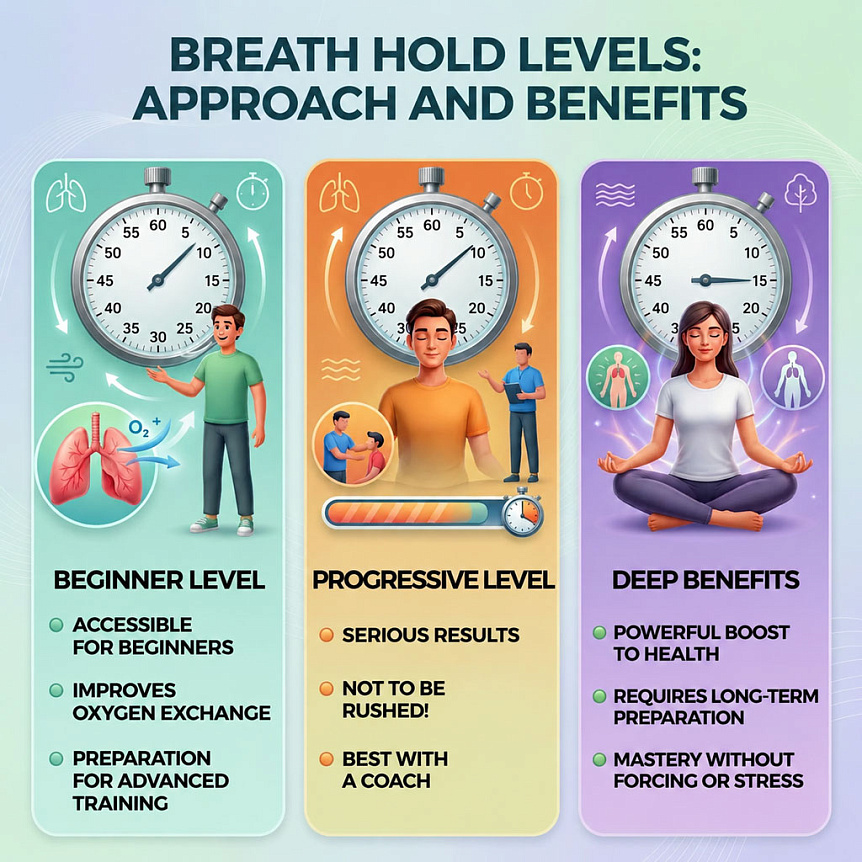 Infographic comparing three stages of breath retention training: Basic, Progressive, and Deep Effects, their goals, risks, and benefits.