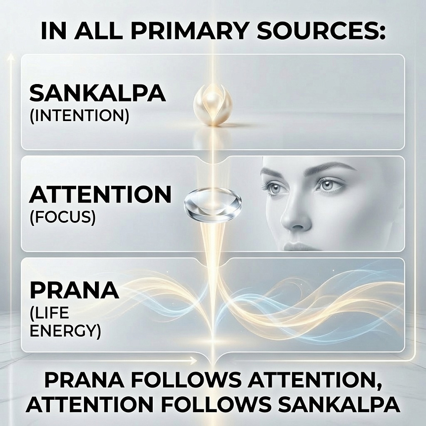 Sankalpa (intention), Attention (focus) and Prana (energy), connected by a ray of light