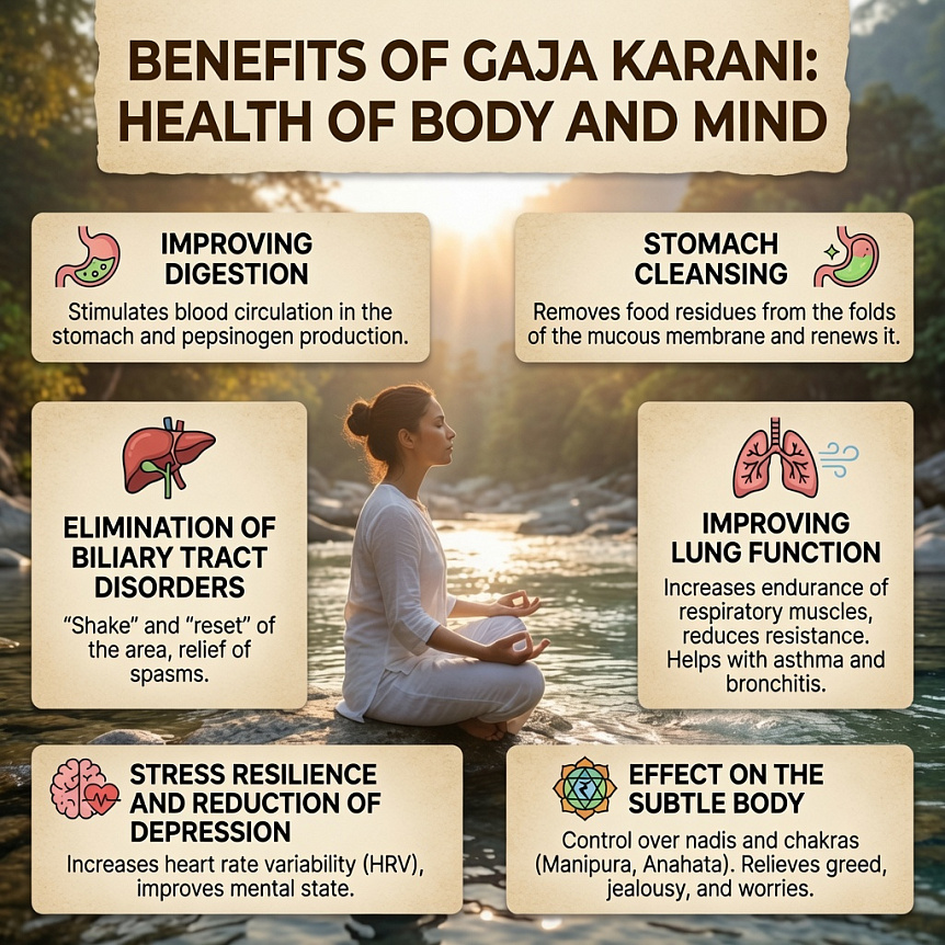 Infographic of the health benefits of Gaja Karani. Shown: improved digestion, stomach cleansing, lung function, stress reduction, and effect on chakras.