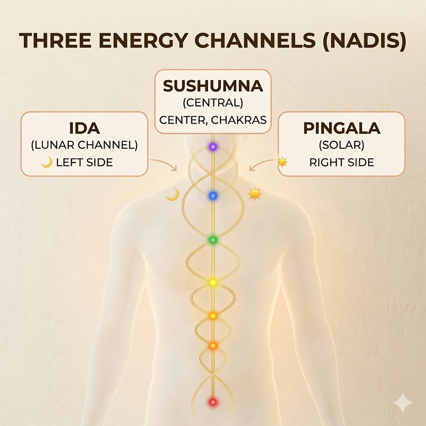 Infographic showing the location and intertwining of the three energy channels (nadis) — Ida, Pingala and Sushumna — with chakras in yoga