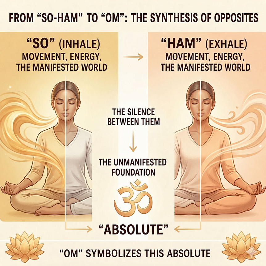 "So-Ham" breathing diagram: inhalation and exhalation as manifested energy, and the silence between them symbolizes the Absolute, "Om".