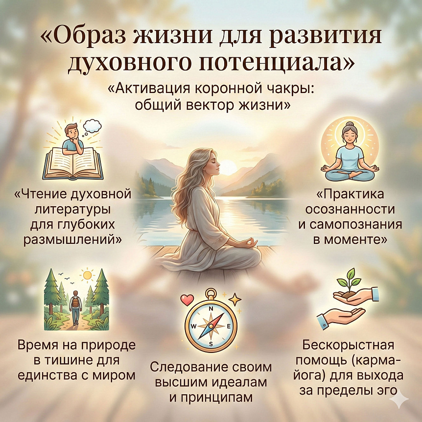 Infographic: lifestyle and practices for activating the crown chakra and developing spiritual potential