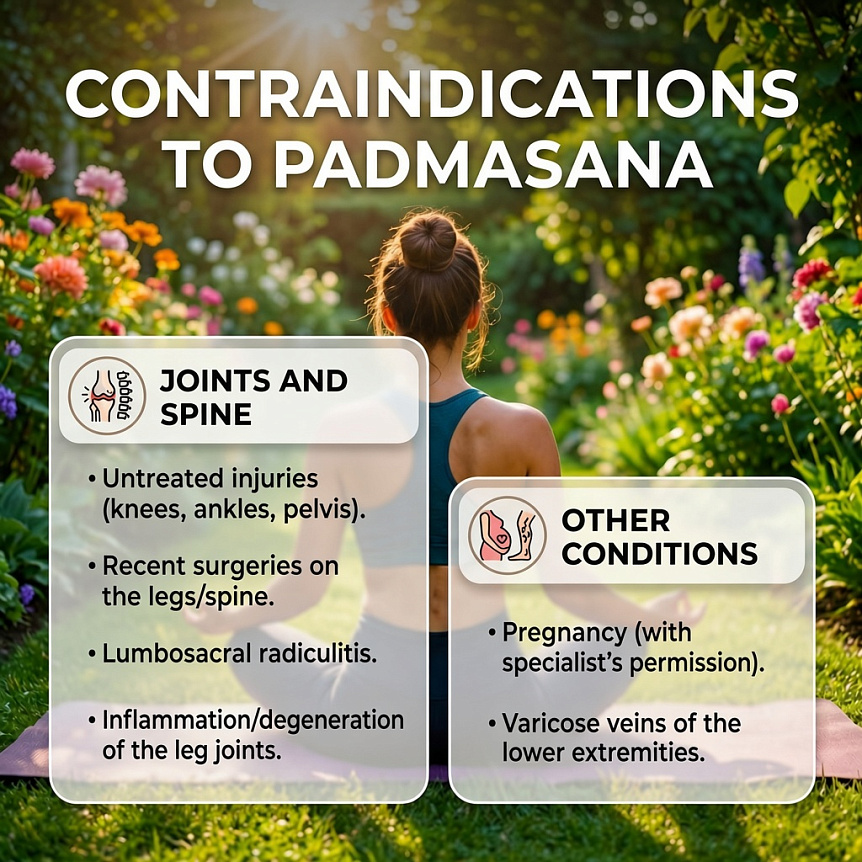 Infographic on photo: list of contraindications to Padmasana, including joint injuries, spinal issues, pregnancy, and varicose veins.