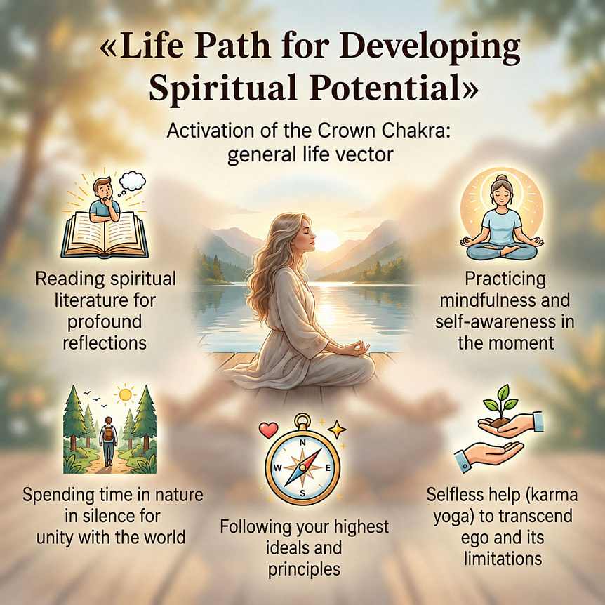 Infographic: lifestyle and practices for activating the crown chakra and developing spiritual potential