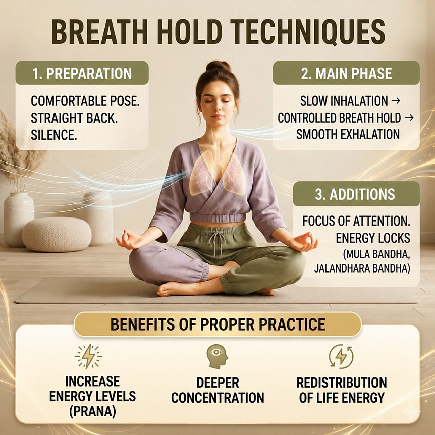 Diagram of the technique for performing breath retentions (kumbhaka), showing the stages of preparation, practice, and additions with bandhas for yoga.