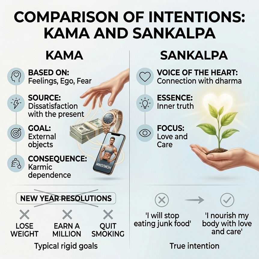 Infographic comparing the concepts of Kama and Sankalpa. Shows the difference between desires of the ego and the voice of the heart for yoga