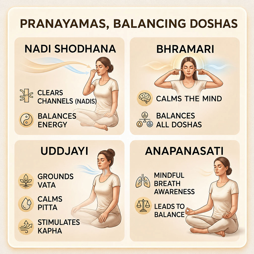 Woman in lotus pose meditating with visualization of energy channels (prana) for balancing Vata dosha and mind in Ayurveda