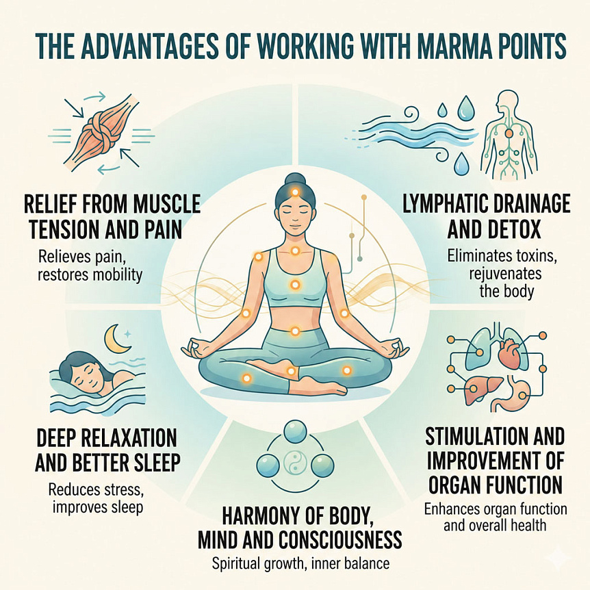 Diagram showing six key benefits of marma therapy for healing, detox, and relaxation of the body