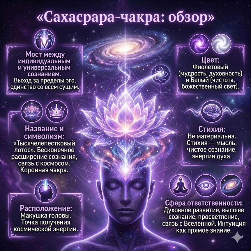 Cosmic infographic about the Sahasrara chakra: location, color, element and meaning