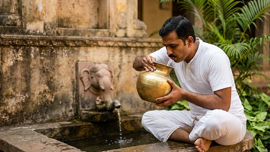Man and elephant simultaneously spraying water at a river, demonstrating the principle of the yogic practice Gaja Karani (action of the elephant).