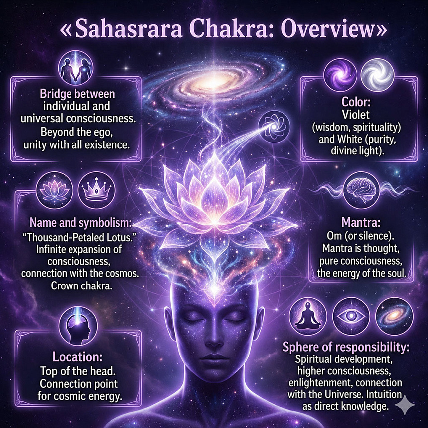 Cosmic infographic about the Sahasrara chakra: location, color, element and meaning